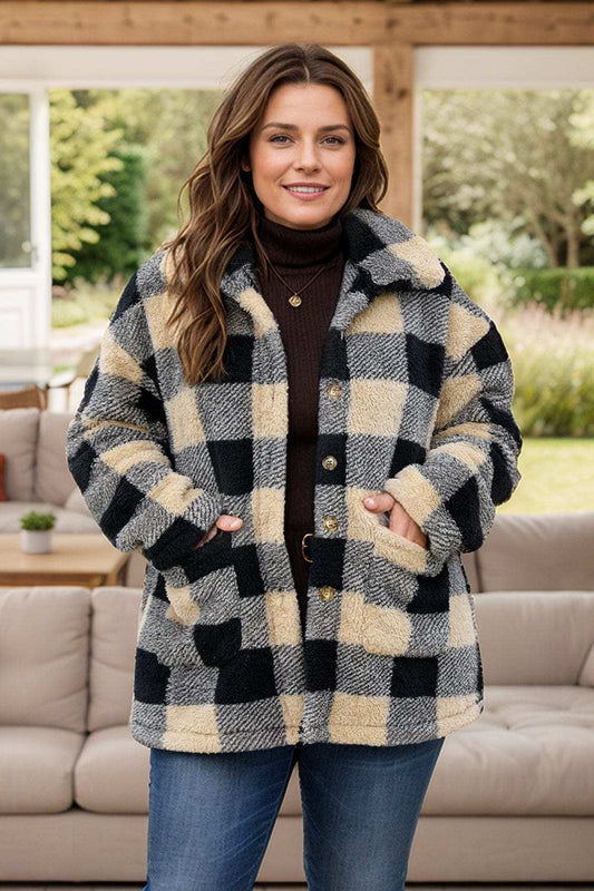 Plus Size Plaid Button Up Long Sleeve Coat - Trendsi - Flyclothing LLC