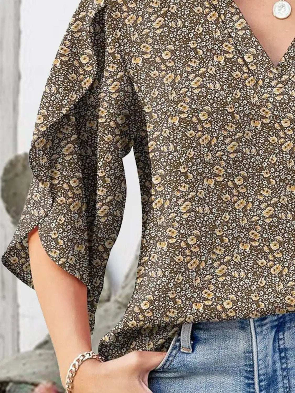Printed Notched Half Sleeve Blouse - Trendsi - Flyclothing LLC