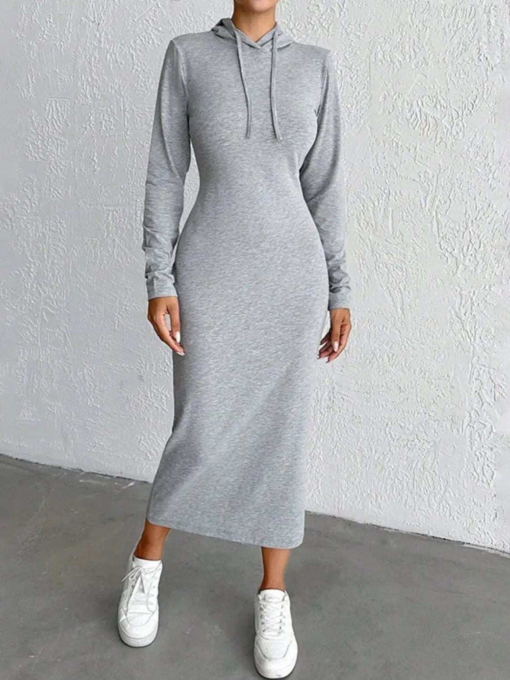 Drawstring Long Sleeve Hooded Midi Dress - Trendsi - Flyclothing LLC