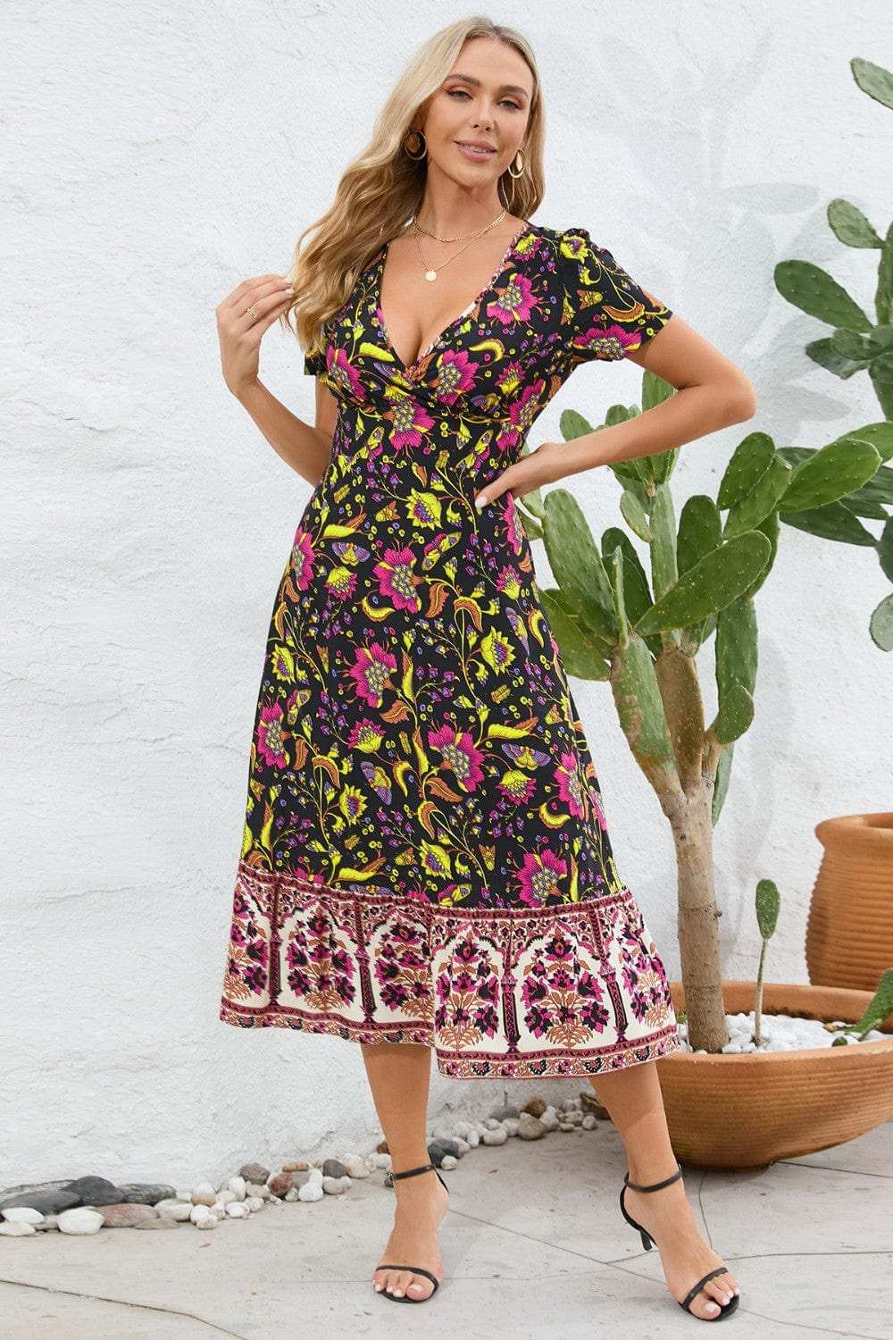 Printed Surplice Short Sleeve Dress - Trendsi - Flyclothing LLC