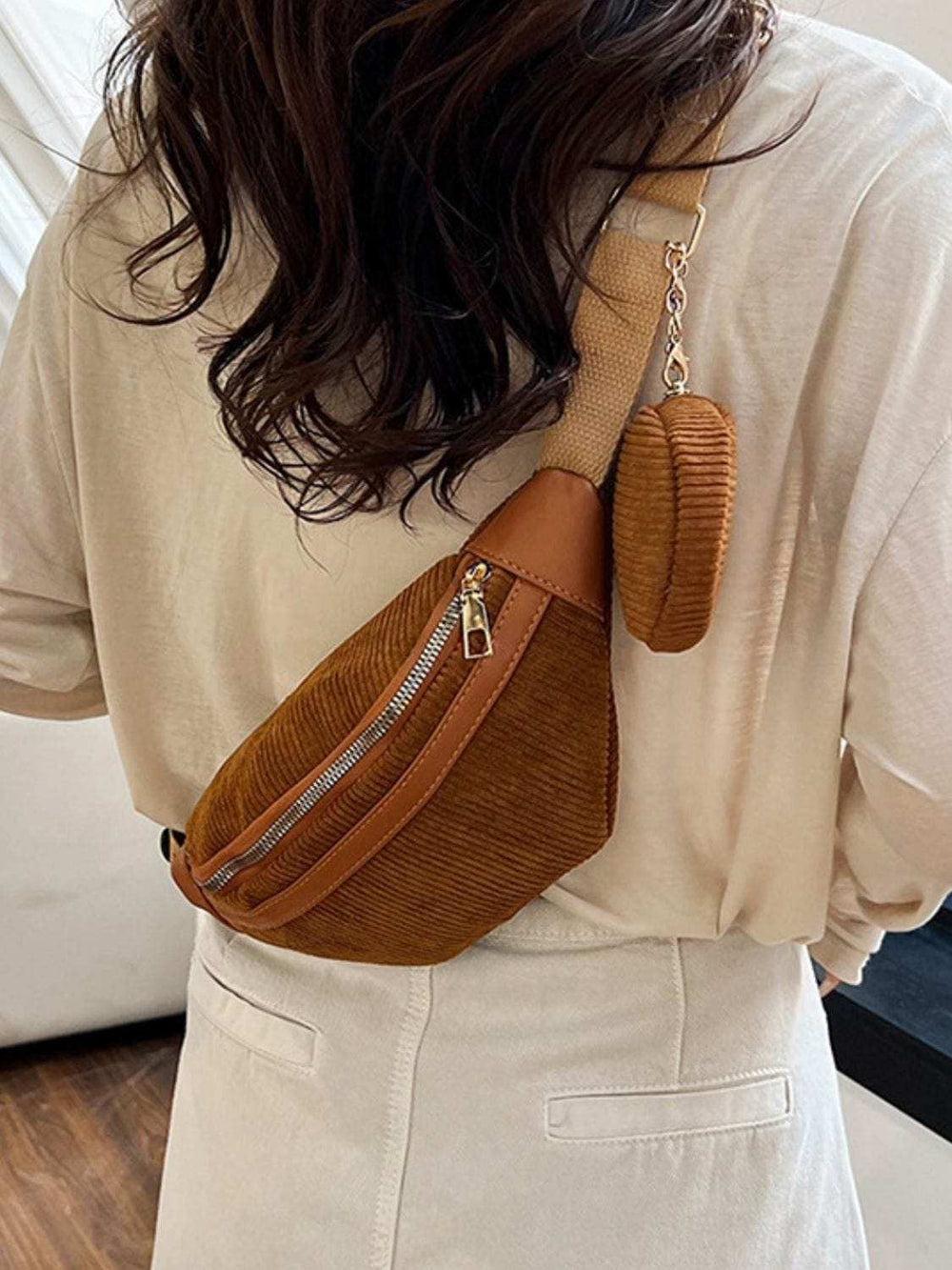 Corduroy Adjustable Strap Crossbody Bag with Pouch - Trendsi - Flyclothing LLC