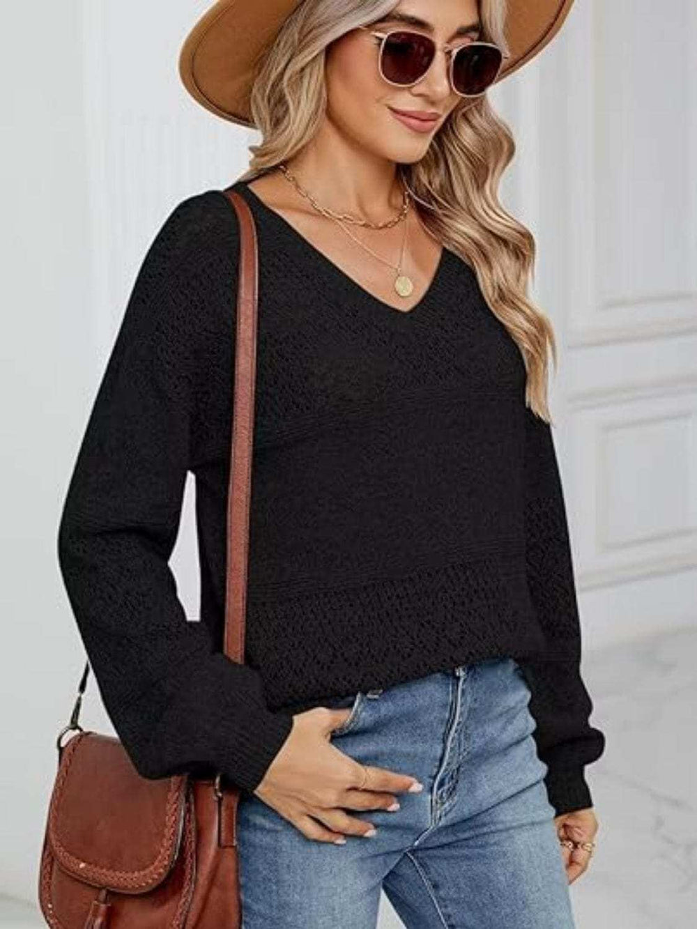 Eyelet V-Neck Long Sleeve Sweater - Trendsi - Flyclothing LLC