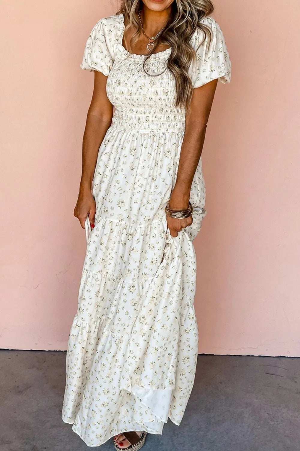 Floral Smocked Short Puff Sleeve Maxi Dress - Trendsi - Flyclothing LLC