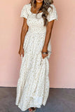 Floral Smocked Short Puff Sleeve Maxi Dress - Trendsi - Flyclothing LLC