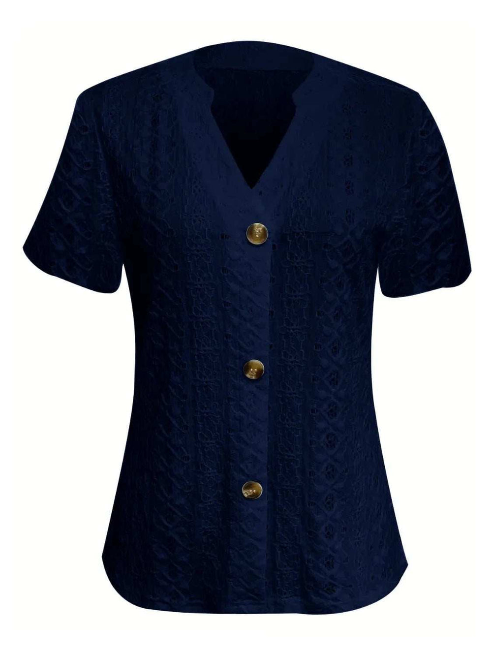 Openwork Notched Short Sleeve Top - Trendsi - Flyclothing LLC