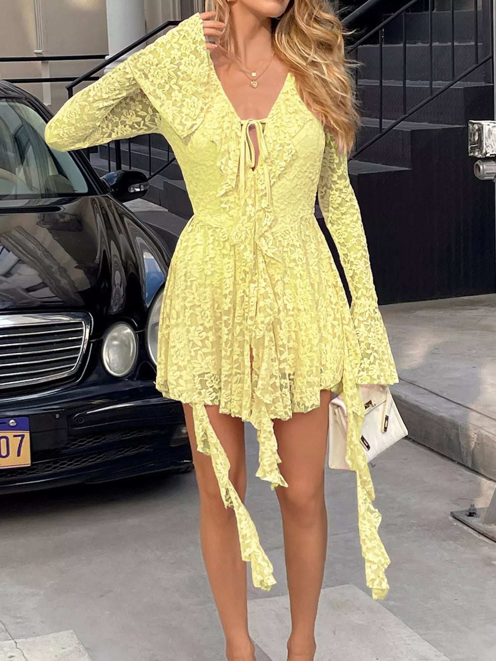 Lace Ruffle Tie Front Mini Dress - Trendsi - Flyclothing LLC