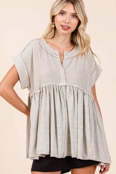 Mittoshop Mixed Media Mineral Wash Babydoll Short Sleeve Blouse - Trendsi - Flyclothing LLC