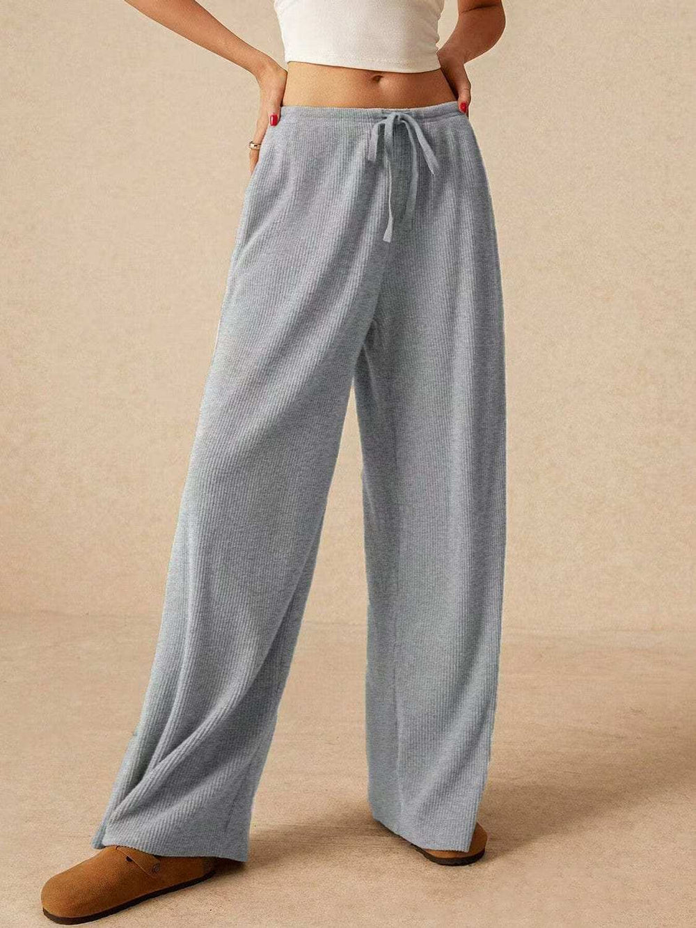 Ribbed Drawstring Wide Leg Pants - Trendsi - Flyclothing LLC