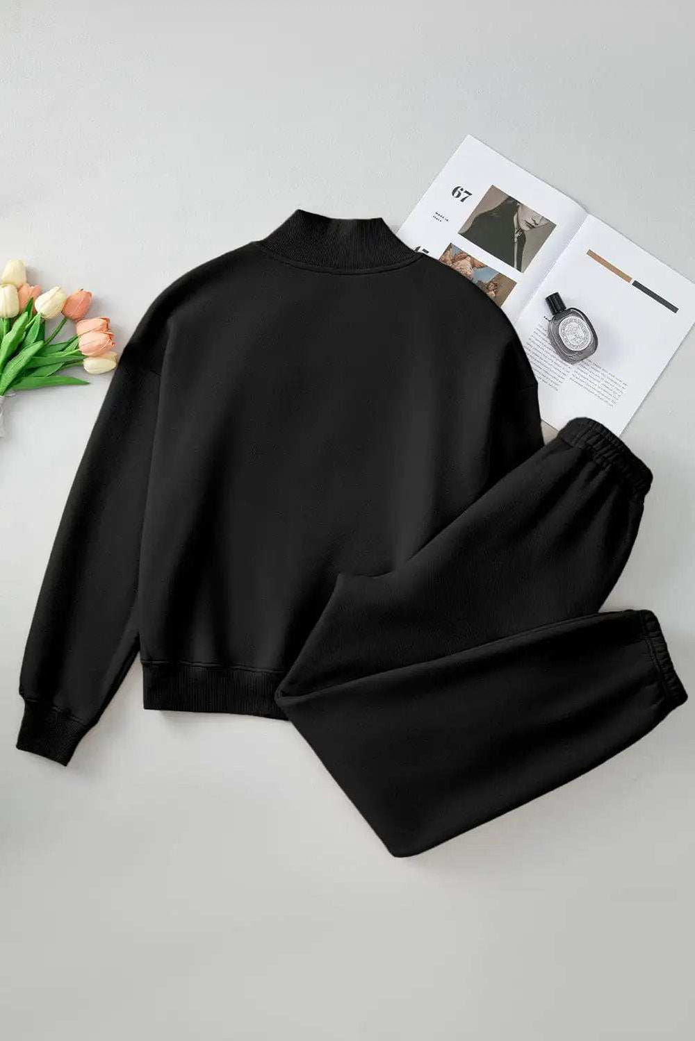 Quarter Zip Long Sleeve Top and Pants Set - Trendsi - Flyclothing LLC