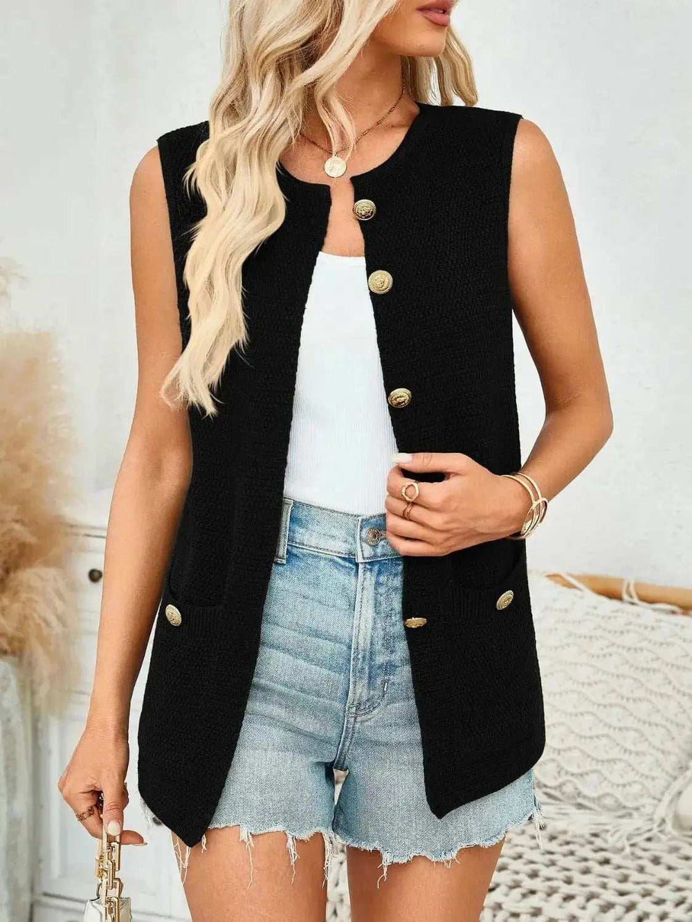 Button Down Round Neck Knit Vest - Trendsi - Flyclothing LLC