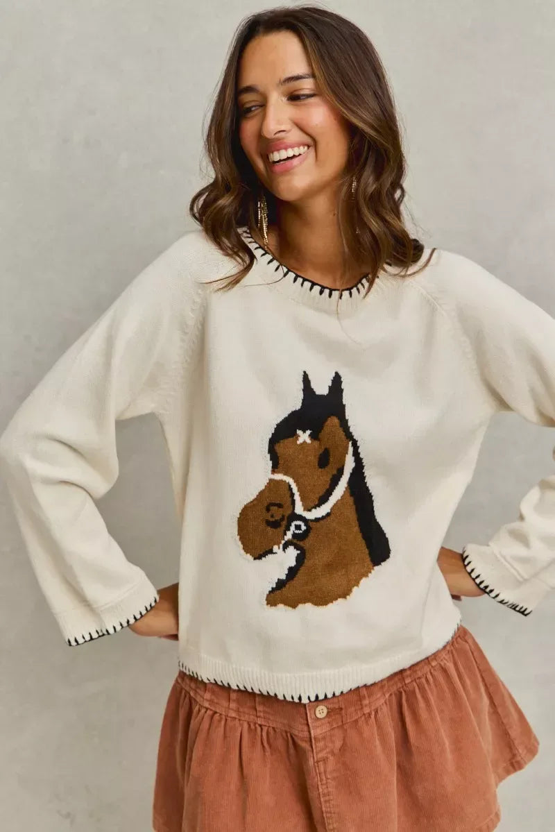 SO ME Horse Knit Sweater Top with Blanket Stitch - Trendsi - Flyclothing LLC