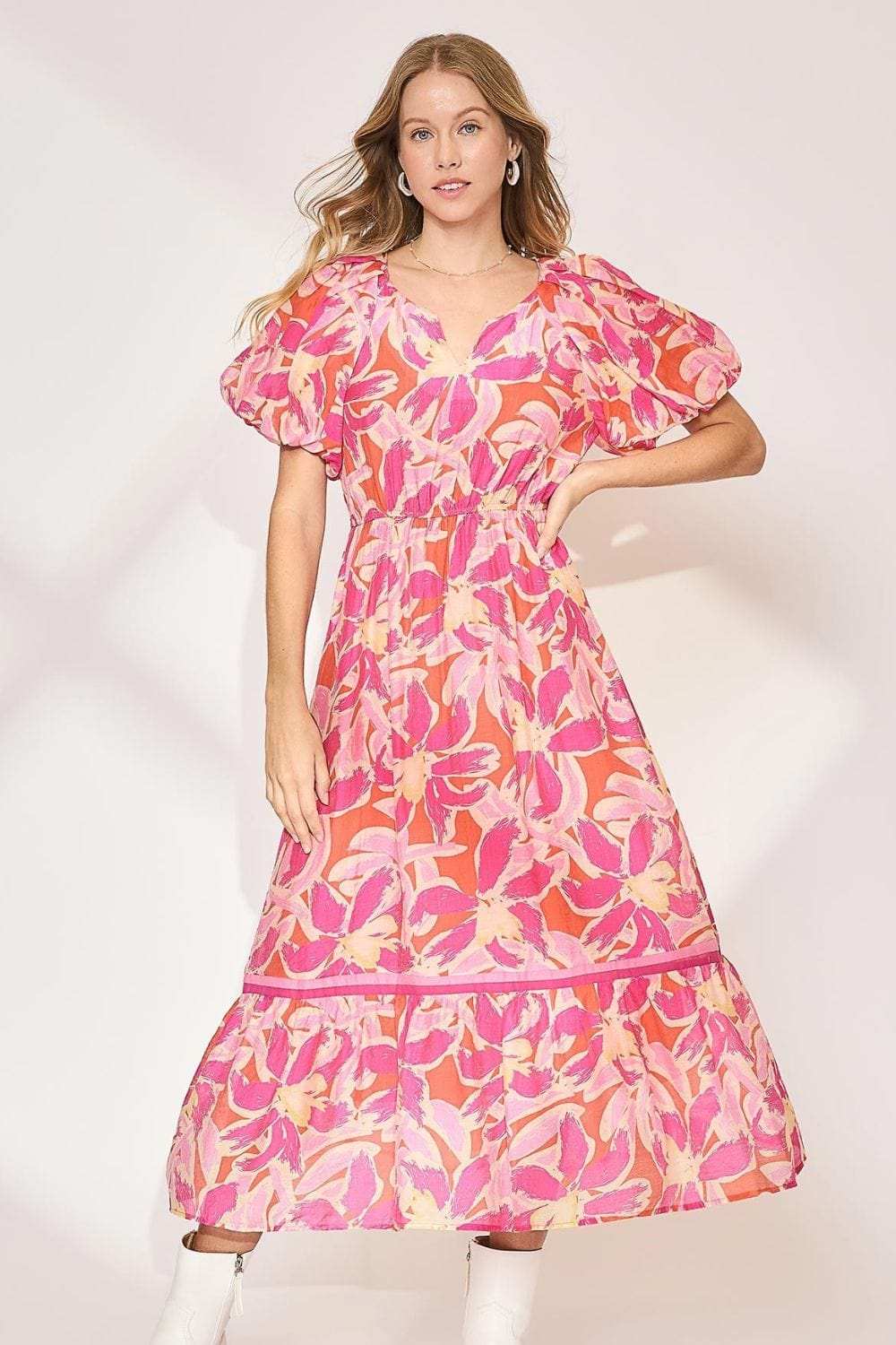 Umgee Floral Notched Puff Sleeve Midi Dress - Trendsi - Flyclothing LLC