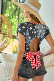 BiBi Star Print Knit Back Cut Out and Plaid Tied Top - Trendsi - Flyclothing LLC