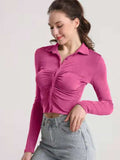 Ruched Button Up Long Sleeve T-Shirt - Trendsi - Flyclothing LLC