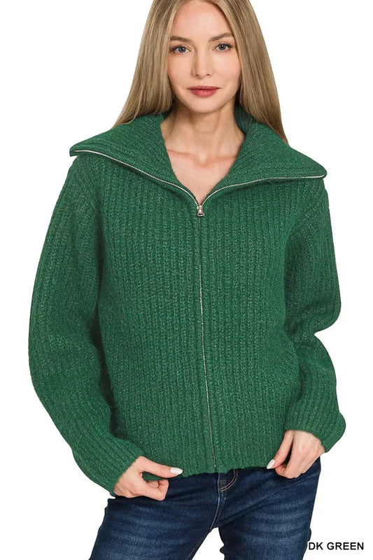 Zenana High Neck Full Zip Sweater Cardigan - Trendsi - Flyclothing LLC