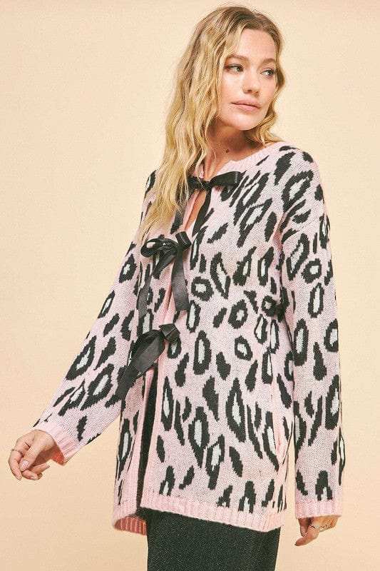 Davi & Dani Leopard Ribbon Tie Front Loose Fit Cardigan - Trendsi - Flyclothing LLC