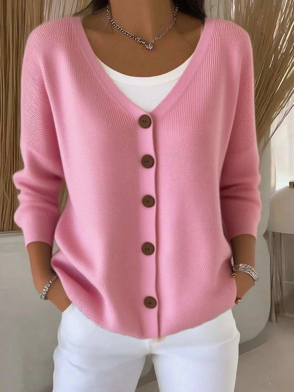 Full Size Button-Front V-Neck Cardigan Plus Size - Trendsi - Flyclothing LLC