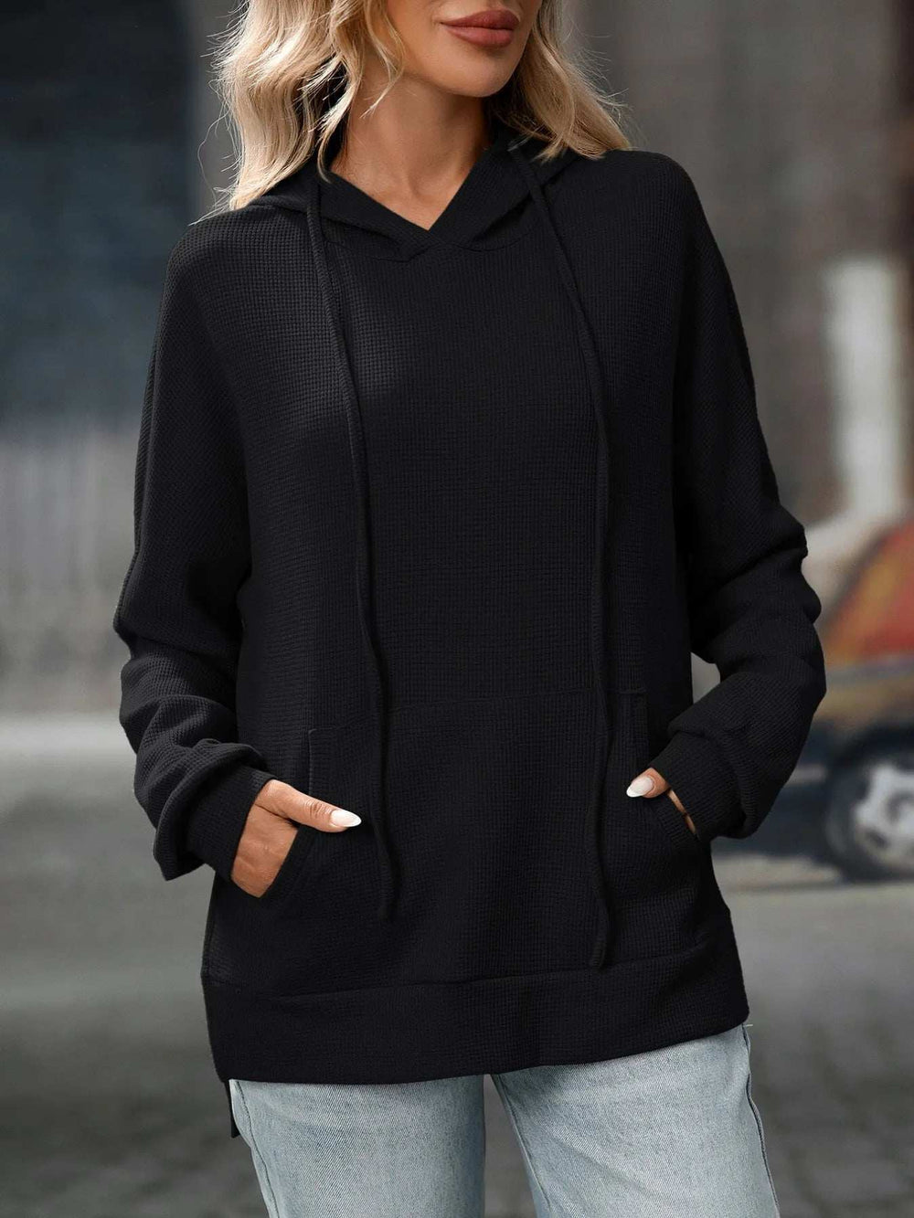 Textured Drawstring Long Sleeve Hoodie - Trendsi - Flyclothing LLC