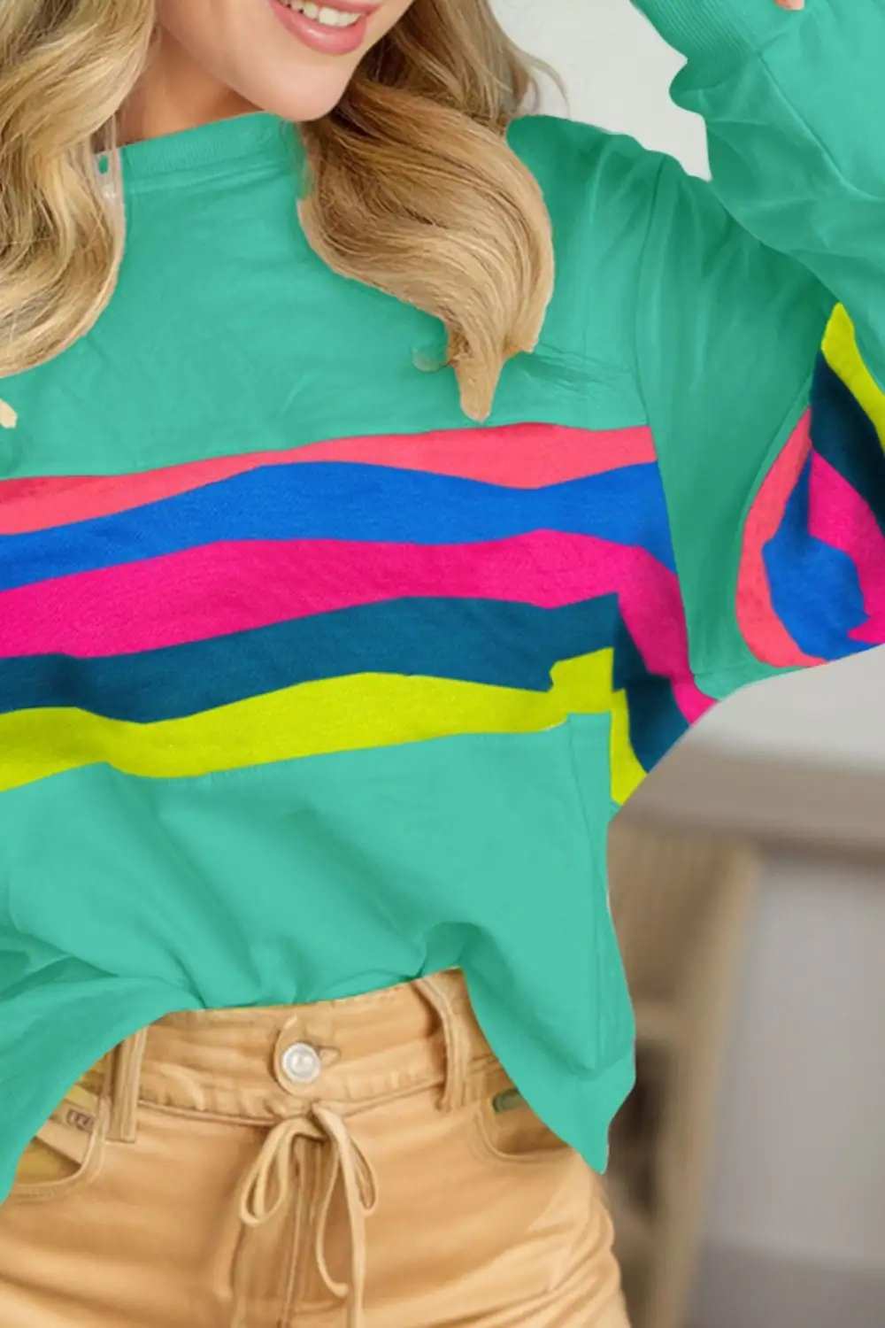 Contrast Round Neck Long Sleeve Top - Trendsi - Flyclothing LLC