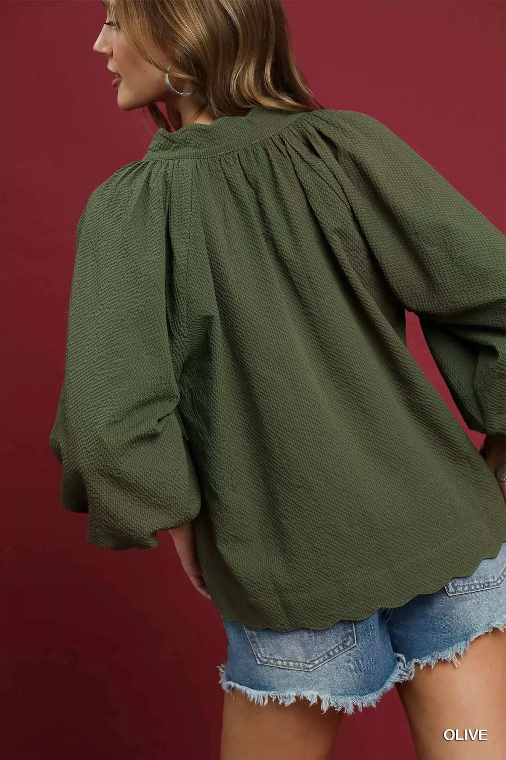 Umgee Full Size Textured Notched Balloon Sleeve Blouse Plus Size - Trendsi - Flyclothing LLC