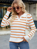 Striped Johnny Collar Long Sleeve Sweater - Trendsi - Flyclothing LLC