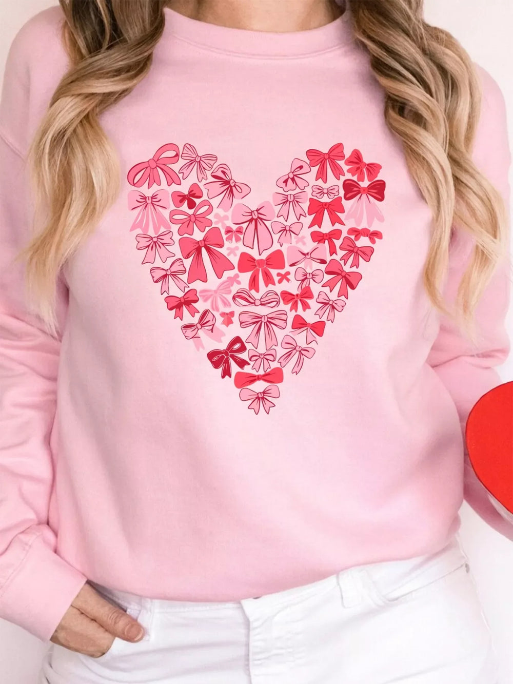 Bow Printed Big Heart Valentines Day Pullover Sweatshirt - Trendsi - Flyclothing LLC