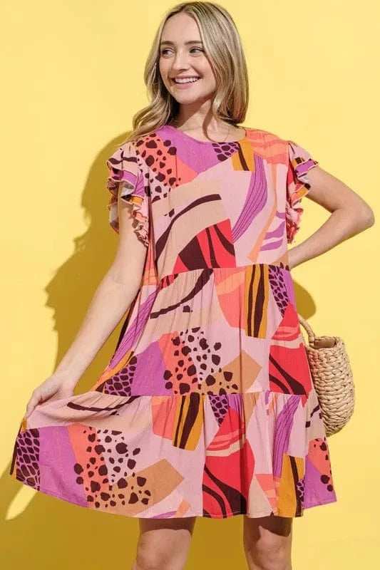 And The Why Printed Double Ruffles Sleeve Dress - Trendsi - Flyclothing LLC