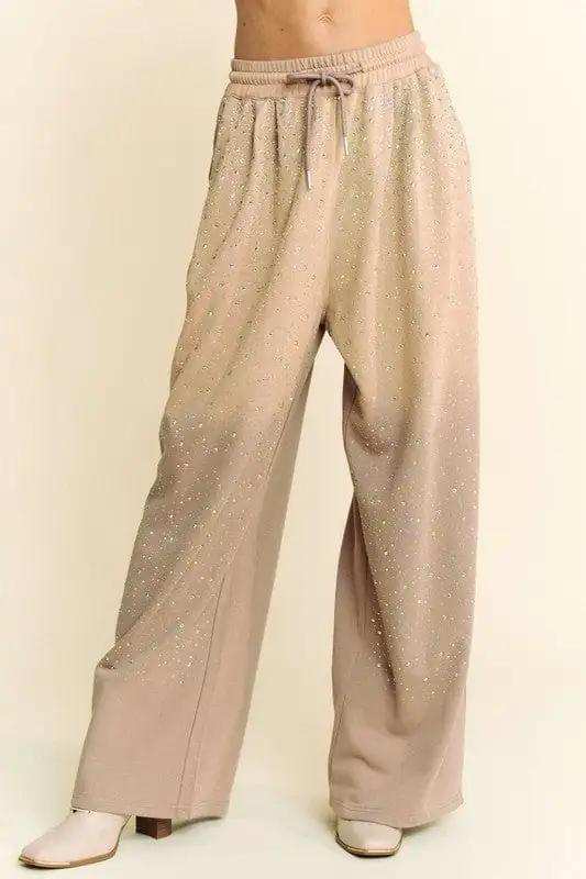 Davi & Dani Rhinestone Drawstring Wide Leg Pants - Trendsi - Flyclothing LLC
