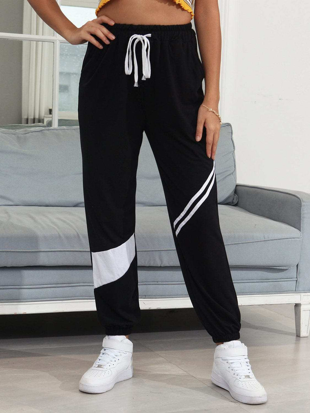 Drawstring Contrast Joggers with Pockets - Trendsi - Flyclothing LLC
