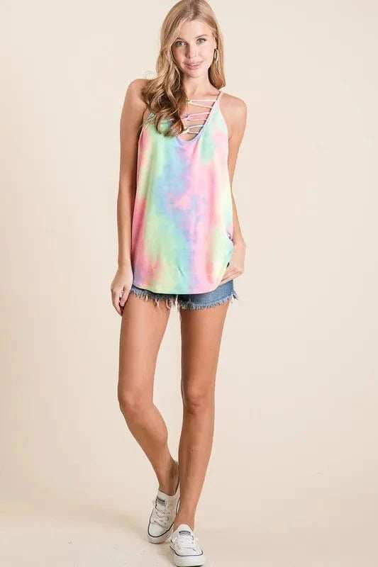 BiBi Tie Dye Terry Caged Neck Knit Camisole - Trendsi - Flyclothing LLC