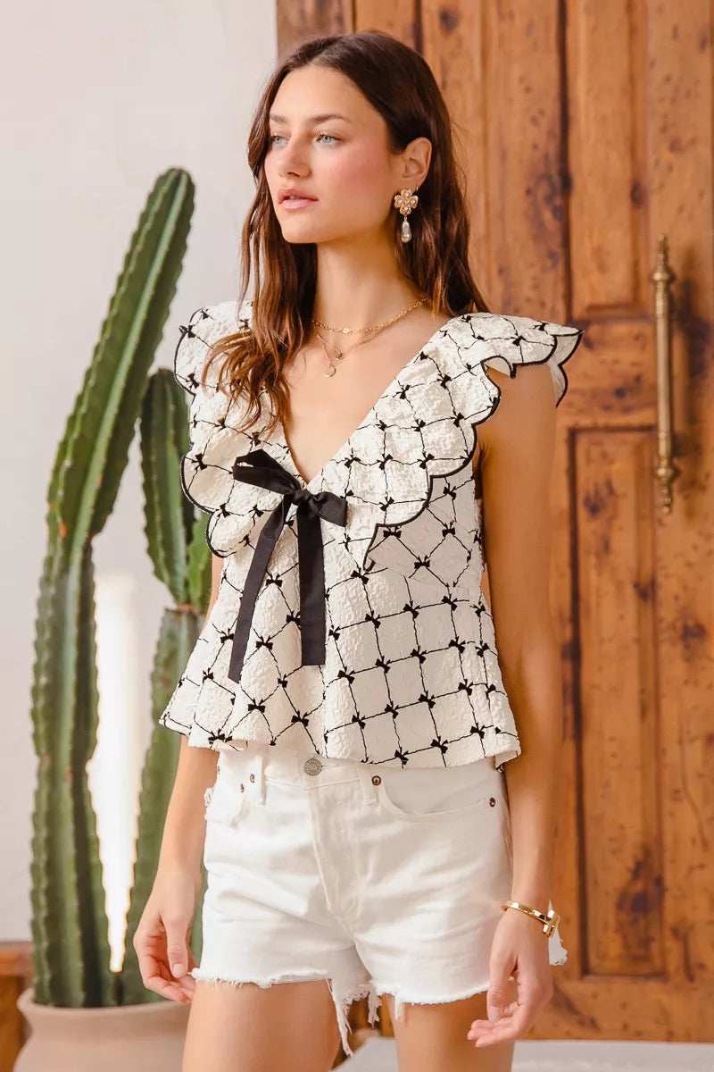 SO ME Bow Texture Jacquard Woven Top with Scallop and Tie - Trendsi - Flyclothing LLC