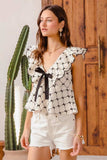 SO ME Bow Texture Jacquard Woven Top with Scallop and Tie - Trendsi - Flyclothing LLC