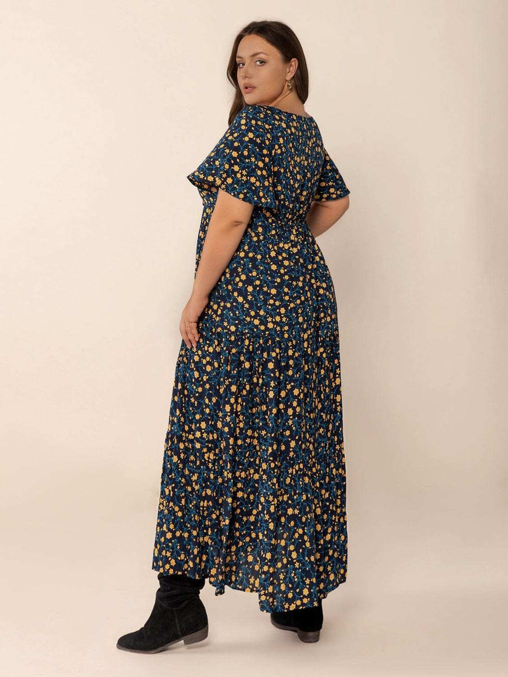 Plus Size Printed Short Sleeve Slit Tiered Maxi Dress - Trendsi - Flyclothing LLC