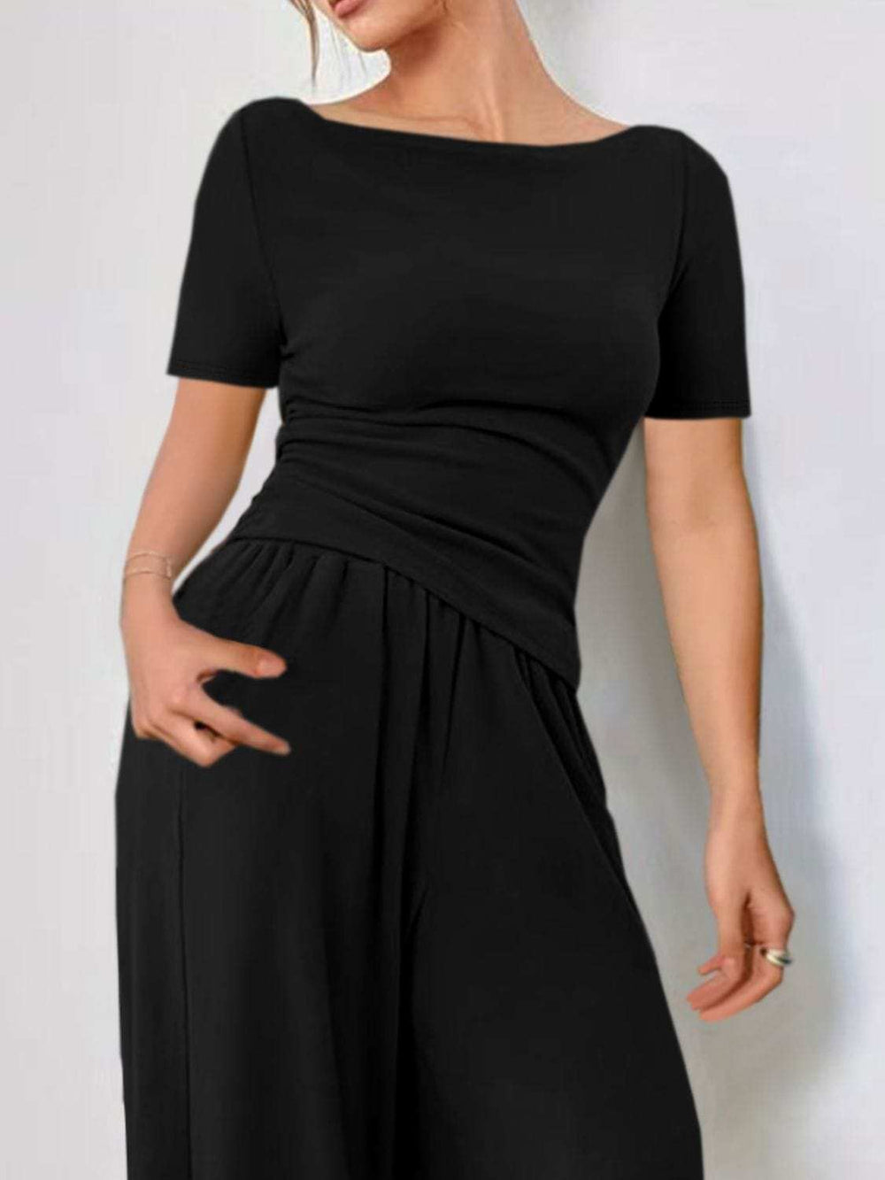 Round Neck Short Sleeve T-Shirt and Pants Set - Trendsi - Flyclothing LLC