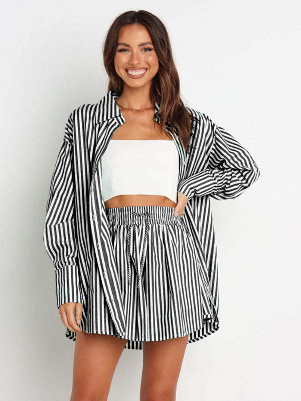 Striped Dropped Shoulder Shirt and Shorts Set - Trendsi - Flyclothing LLC