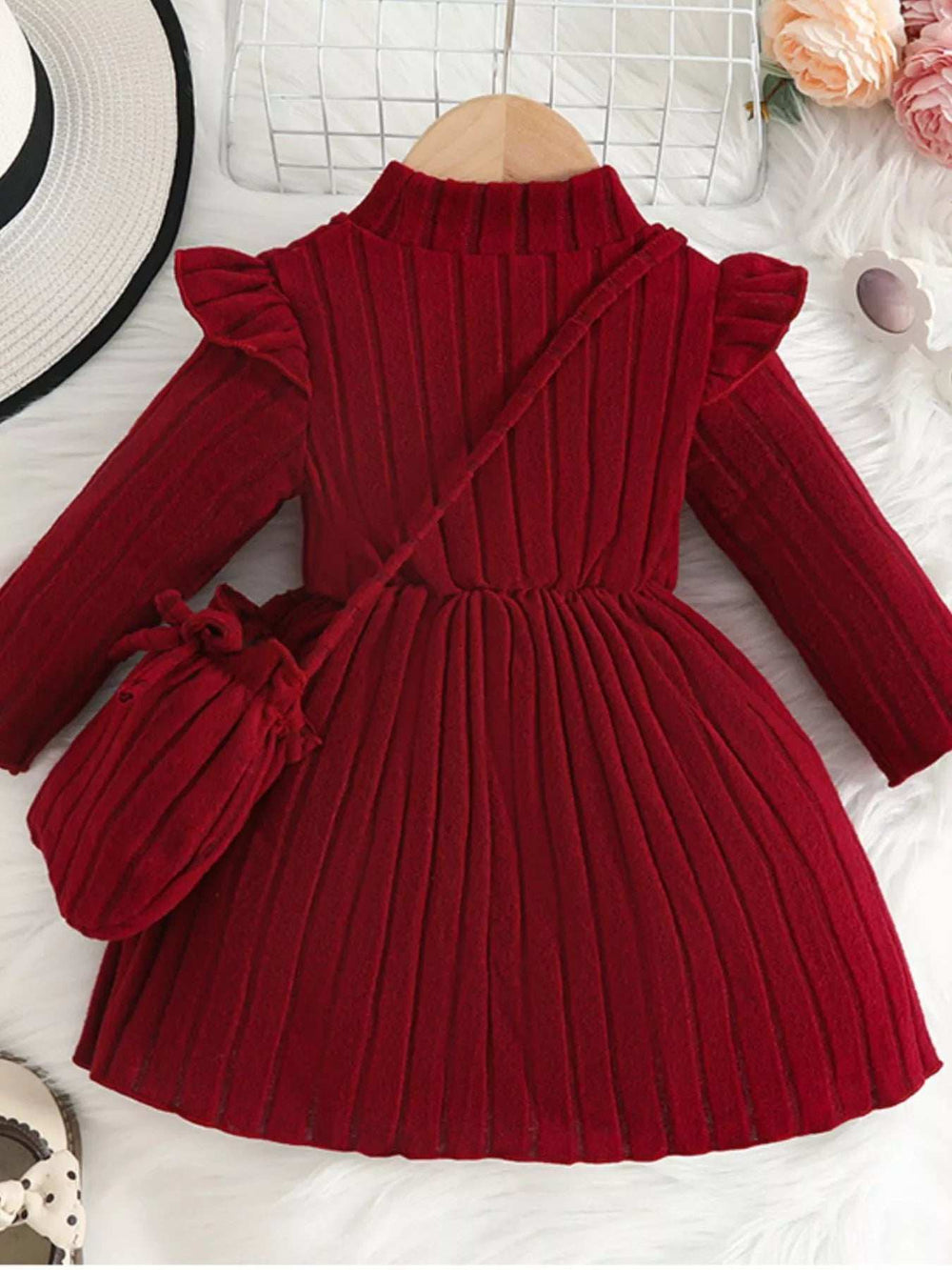 Children's Ribbed Knit Ruffle Trim Dress with Bag - Trendsi - Flyclothing LLC