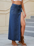 Slit Buttoned Denim Skirt with Pockets - Trendsi - Flyclothing LLC