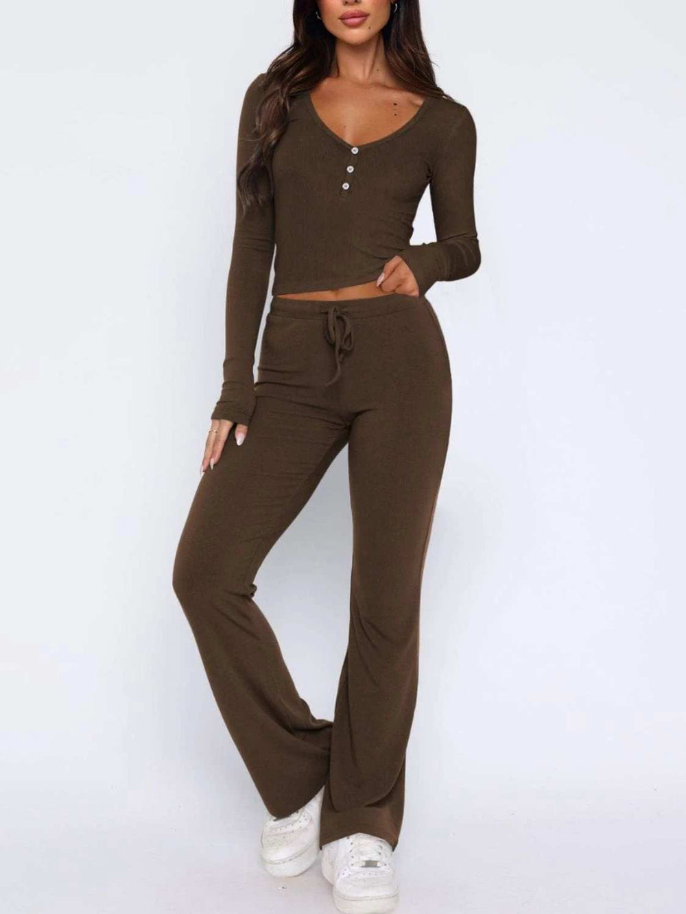 V-Neck Long Sleeve Top and Pants Set - Trendsi - Flyclothing LLC