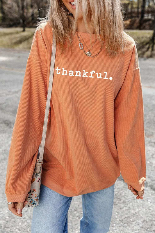 THANKFUL Round Neck Long Sleeve Sweatshirt - Trendsi - Flyclothing LLC