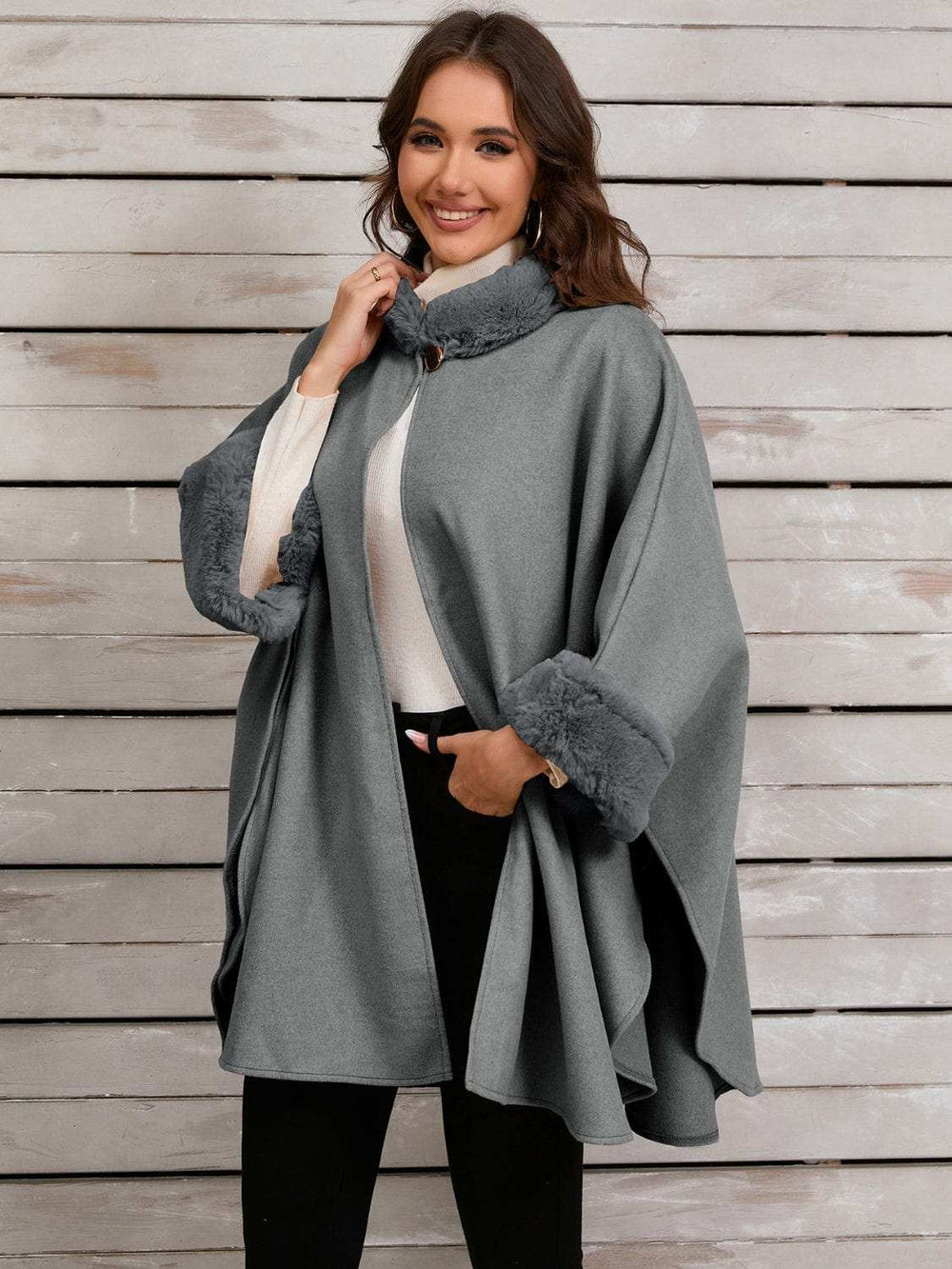 Fuzzy Trim Long Sleeve Poncho - Trendsi - Flyclothing LLC