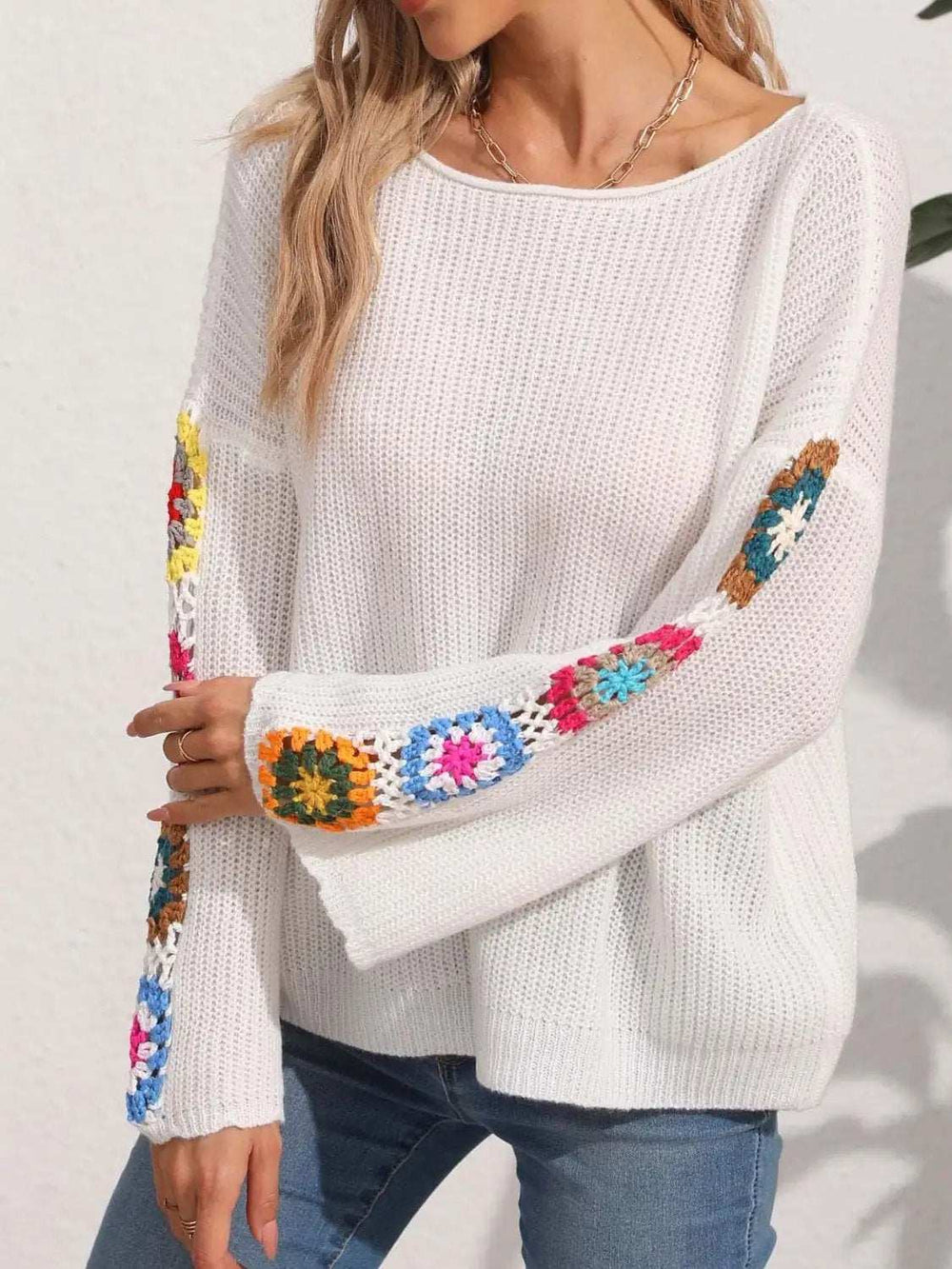 Crochet Flower Long Sleeve Sweater - Trendsi - Flyclothing LLC