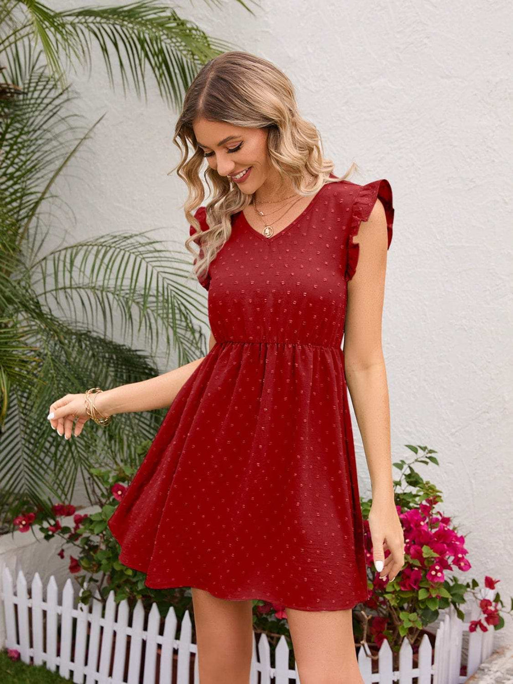 Swiss Dot Ruffled V-Neck Dress - Trendsi - Flyclothing LLC