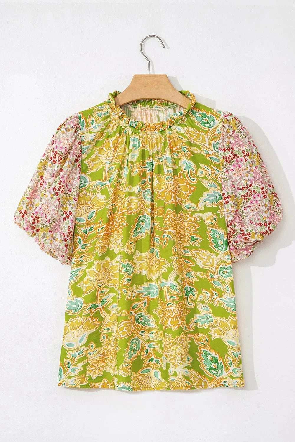 Multicolour Printed Contrast Bubble Sleeve Patchwork Blouse - Trendsi - Flyclothing LLC