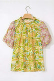 Multicolour Printed Contrast Bubble Sleeve Patchwork Blouse - Trendsi - Flyclothing LLC
