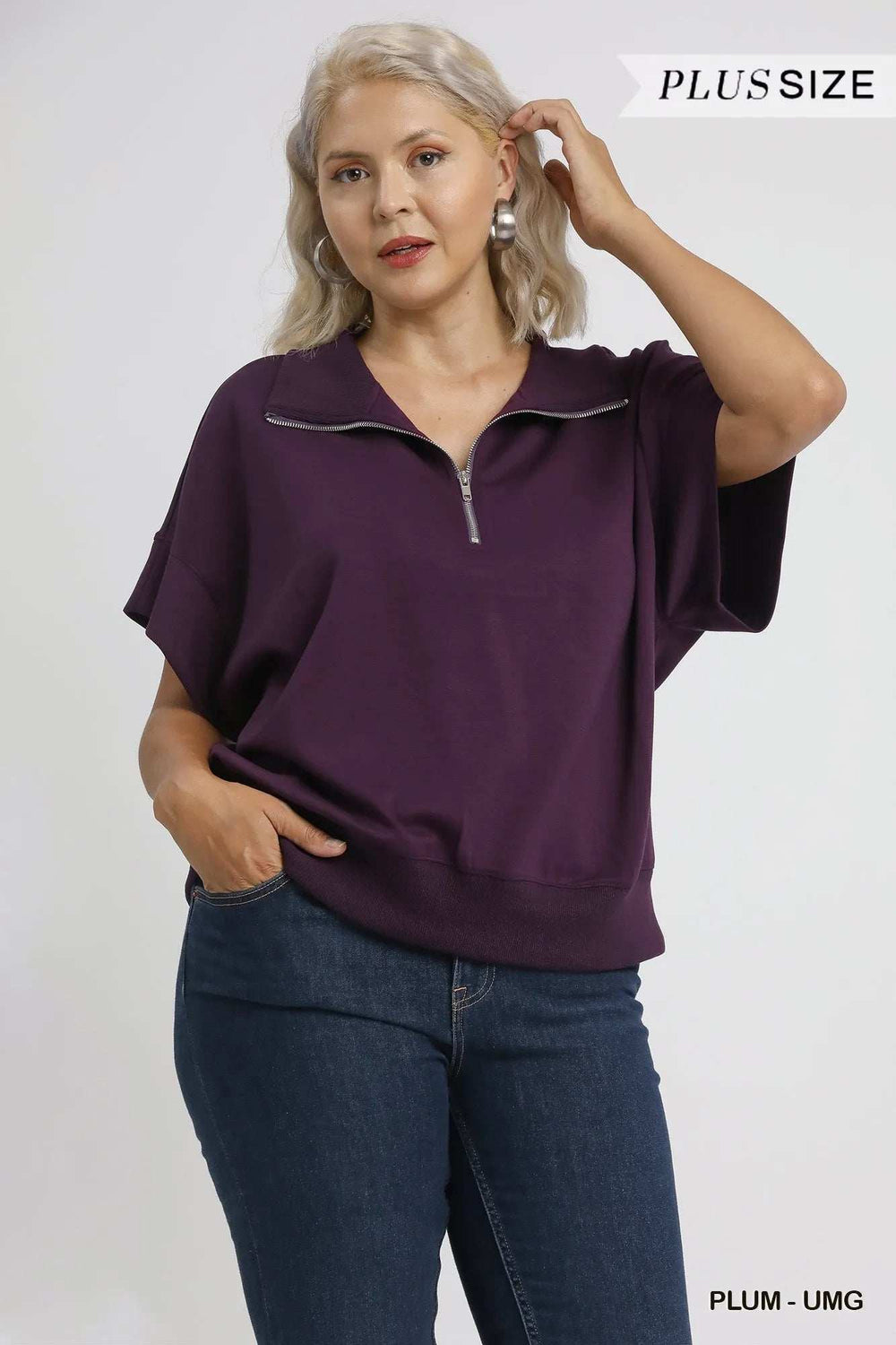 Umgee Full Size Half-Zip Short Sleeve Top Plus Size - Trendsi - Flyclothing LLC