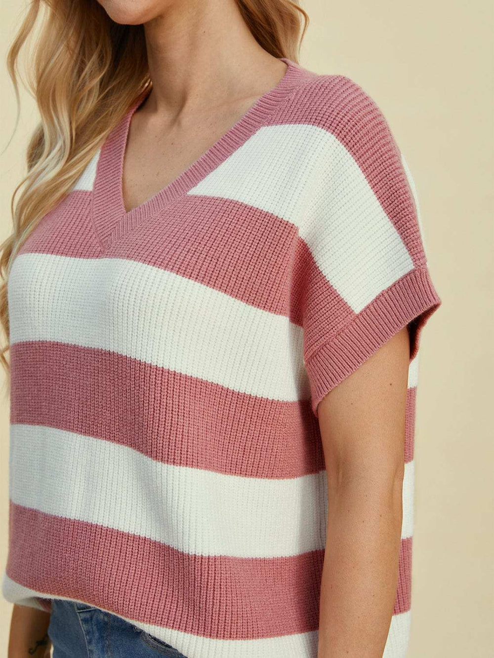 Double Take Full Size Striped V-Neck Short Sleeve Sweater - Trendsi - Flyclothing LLC