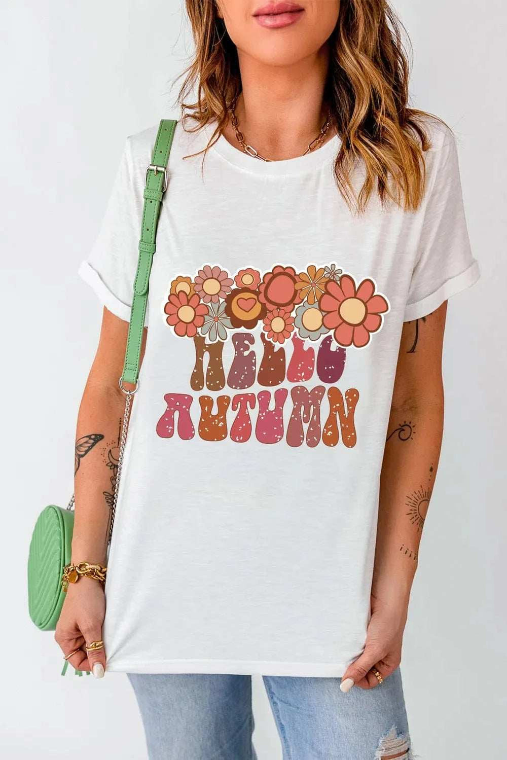 Flower & Letter Graphic Round Neck Short Sleeve T-Shirt - Trendsi - Flyclothing LLC