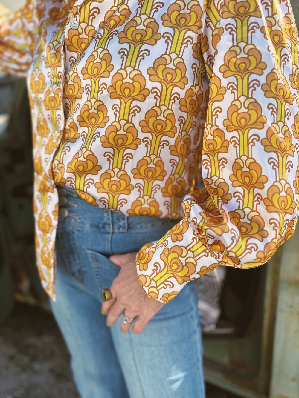 Streets Of Gold Golden Yellow Tulip Flower Pouf Sleeve Button Up Blouse - Lil Bee's Bohemian - Flyclothing LLC