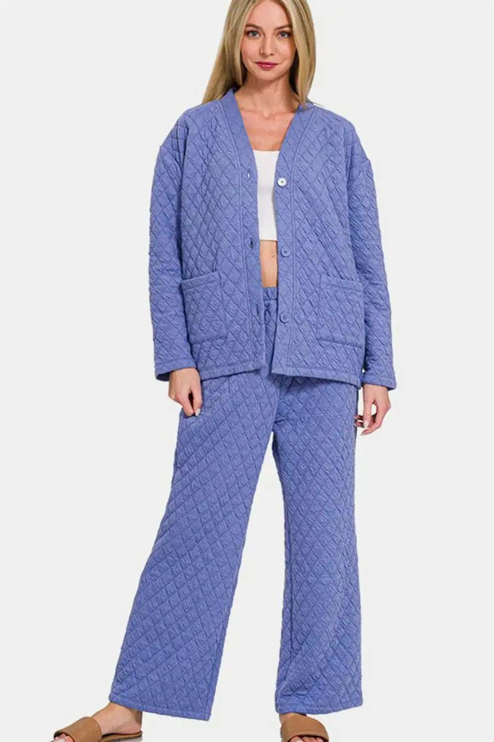 Zenana Quilted Button Up Long Sleeve Top and Pants Lounge Set - Trendsi - Flyclothing LLC