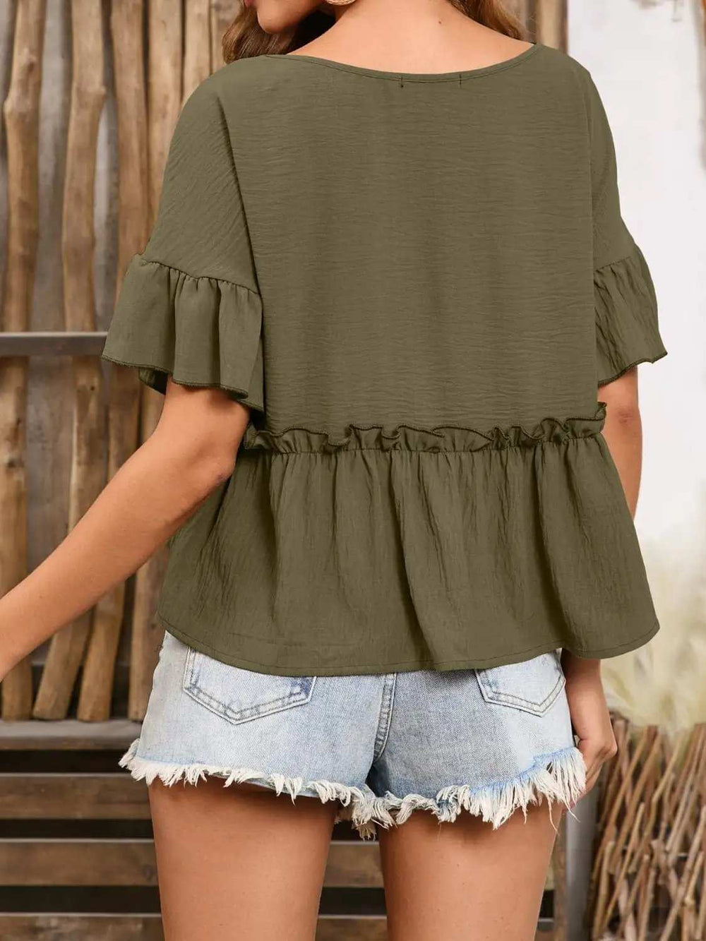 Frill Decorative Button Round Neck Half Sleeve Blouse - Trendsi - Flyclothing LLC